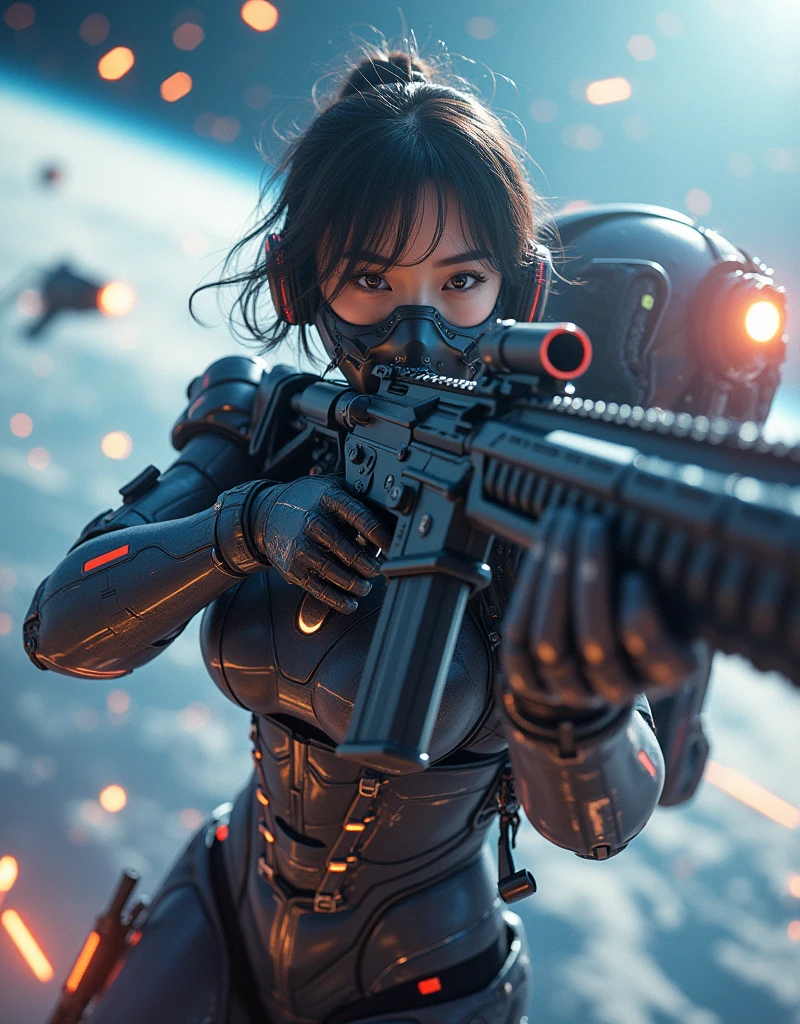 photo-realistic, ultra-realistic, very beautiful Japanese, famous Japanese idol but the strongest soldier in the world, 20 years old, dramatic scene, masterpiece, beautiful eyes, (extremely intricated with extremely complex cyber punk mecha armored full-face gas mask:1.5), (wearing cyber punk mecha-suits for space soldiers with neon marker:1.5), (She uses the ultra high power rocket engine thruster on her back to flying high speed in the space:1.5), amazing view of the earth, smile, acrobatic pose, dynamic angle, (aim and shoot:1.3), spectacular and intense aerial battles in space, Nimble movements, Sharp turns, (very large breasts), (Fully equipped for battle:1.3), (holding m4a1 large assault rifle:1.2), zero gravity, very wide shot