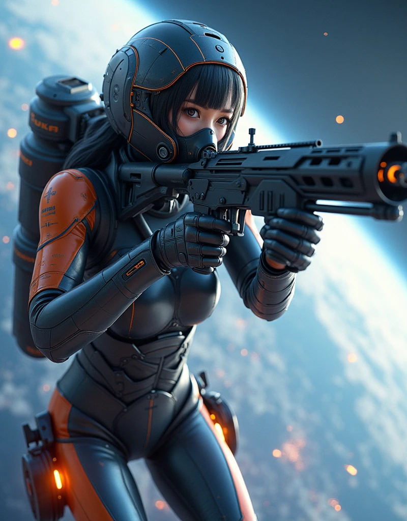 photo-realistic, ultra-realistic, very beautiful Japanese, famous Japanese idol but the strongest soldier in the world, 20 years old, dramatic scene, masterpiece, beautiful eyes, (extremely intricated with extremely complex cyber punk mecha armored full-face gas mask:1.5), (wearing cyber punk mecha-suits for space soldiers with neon marker:1.5), (She uses the ultra high power rocket engine thruster on her back to flying high speed in the space:1.5), amazing view of the earth, smile, acrobatic pose, dynamic angle, (aim and shoot:1.3), spectacular and intense aerial battles in space, Nimble movements, Sharp turns, (very large breasts), (Fully equipped for battle:1.3), (holding m4a1 large assault rifle:1.2), zero gravity, very wide shot