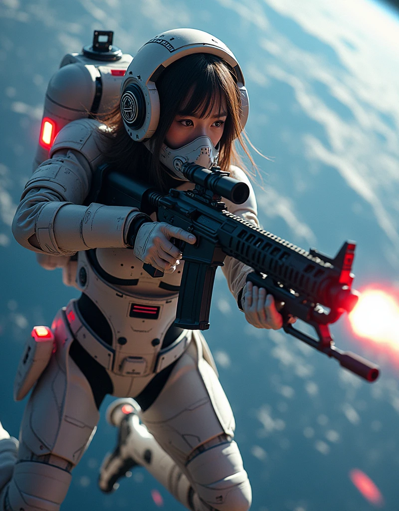 photo-realistic, ultra-realistic, very beautiful Japanese, famous Japanese idol but the strongest soldier in the world, 20 years old, dramatic scene, masterpiece, beautiful eyes, (extremely intricated with extremely complex cyber punk mecha armored full-face gas mask:1.5), (wearing cyber punk mecha-suits for space soldiers with neon marker:1.5), (She uses the ultra high power rocket engine thruster on her back to flying high speed in the space:1.5), amazing view of the earth, smile, acrobatic pose, dynamic angle, (aim and shoot:1.3), spectacular and intense aerial battles in space, Nimble movements, Sharp turns, (very large breasts), (Fully equipped for battle:1.3), (holding m4a1 large assault rifle:1.2), zero gravity, very wide shot