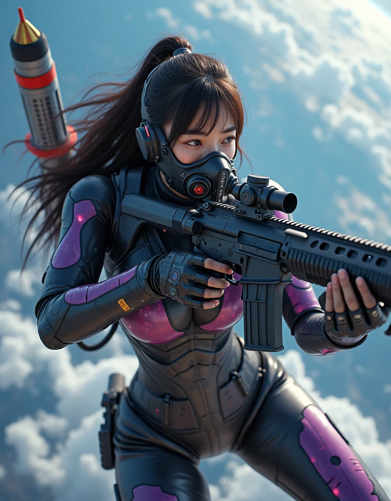 photo-realistic, ultra-realistic, very beautiful Japanese, famous Japanese idol but the strongest soldier in the world, 20 years old, dramatic scene, masterpiece, beautiful eyes, (extremely intricated with extremely complex cyber punk mecha armored full-face gas mask:1.5), (wearing cyber punk mecha-suits for space soldiers with neon marker:1.5), (She uses the ultra high power rocket engine thruster on her back to flying high speed in the space:1.5), amazing view of the earth, smile, acrobatic pose, dynamic angle, (aim and shoot:1.3), spectacular and intense aerial battles in space, Nimble movements, Sharp turns, (very large breasts), (Fully equipped for battle:1.3), (holding m4a1 large assault rifle:1.2), zero gravity, very wide shot