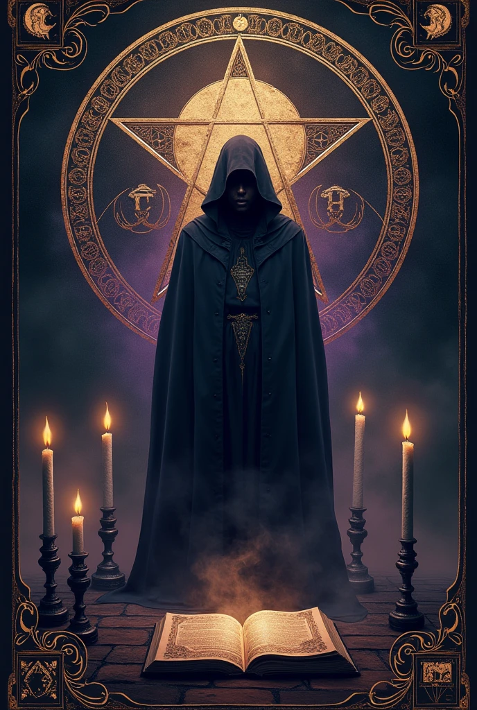 Create a captivating and mysterious cover for a video about occultism. Use a dark and deep color palette, such as black, purple, and gold. Incorporate symbolic elements like pentagrams, runes, and ancient books. Include a central figure, such as a wizard or alchemist, in a contemplative pose or performing a ritual. Add the video title in a font that evokes a sense of mystery and esotericism. Ensure the cover is visually striking and piques viewers' curiosity."