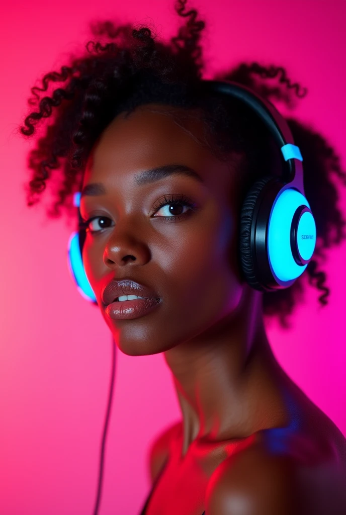 Create an image with a pink background of an 18-year-old black girl with huge neon blue headphones listening to music. looking forward. For photo and profile. 