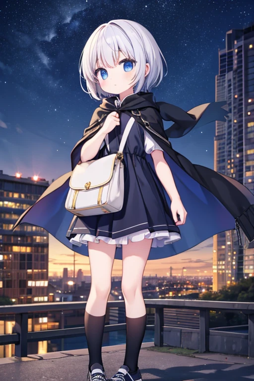Night Sky, city,  One person, Are standing, alone, whole body, , Maribe, puffy short sleeve,  Cape, bag