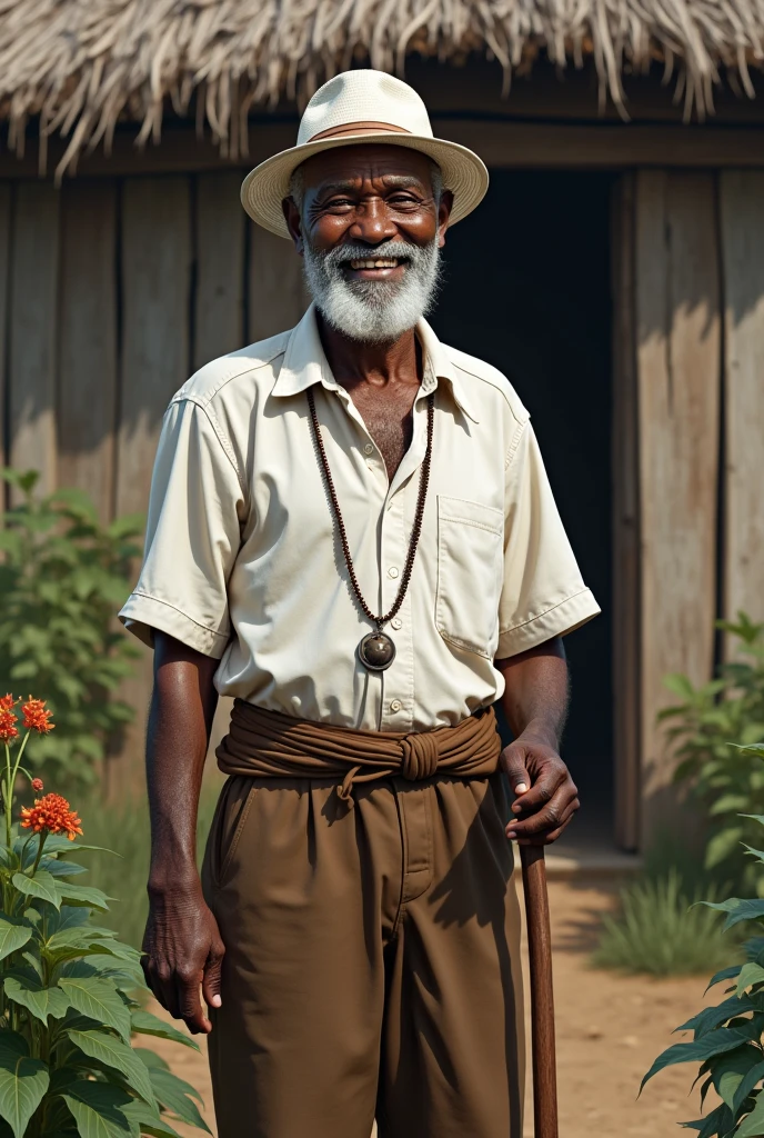An 80-year-old Angolan black man, a little hunchbacked, tall and strong, wearing brown pants and a starched white shirt, barba, White hat, walking stick, pipe in hand, Grinning, rosary around the neck, in the background a wooden house and many medicinal herbs