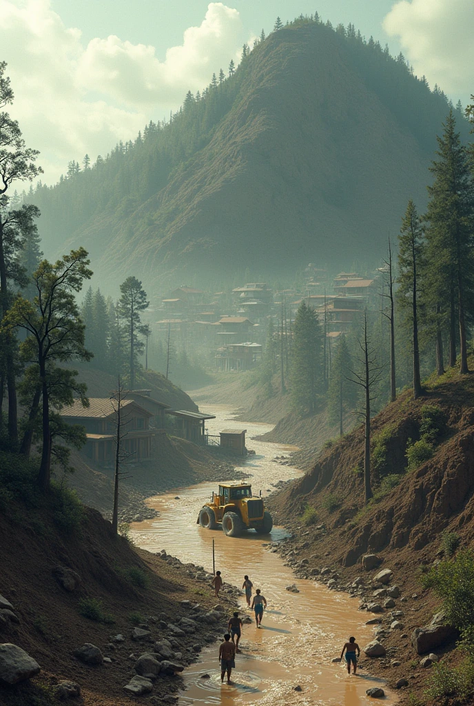 Picture a town located at the foot of a hill devoid of vegetation and life due to deforestation. At the top, the hill shows a landslide that destroyed the houses below it. Around the hill, put an image of a bulldozer cutting down trees, trees that have been cut down, and barren land. At the bottom, add the image of muddy water flowing from the hills to the luxurious city, causing floods that destroy human habitations. The image of people helpless in the face of this disaster can be shown in a state of panic or trying to save themselves and their property and animals running to move to another place