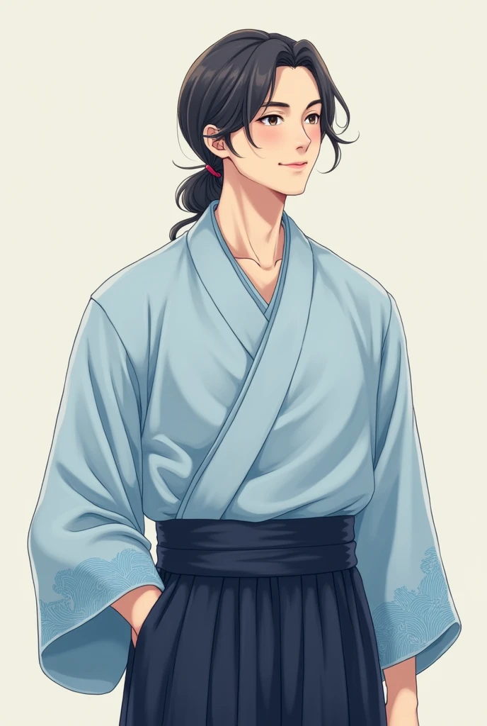 A man with soft, rounded features, a warm smile, and medium-length hair tied in a low ponytail.
**Hakama Design**: A deep navy *hakama* paired with a light blue *kimono* with wave patterns on the hem.