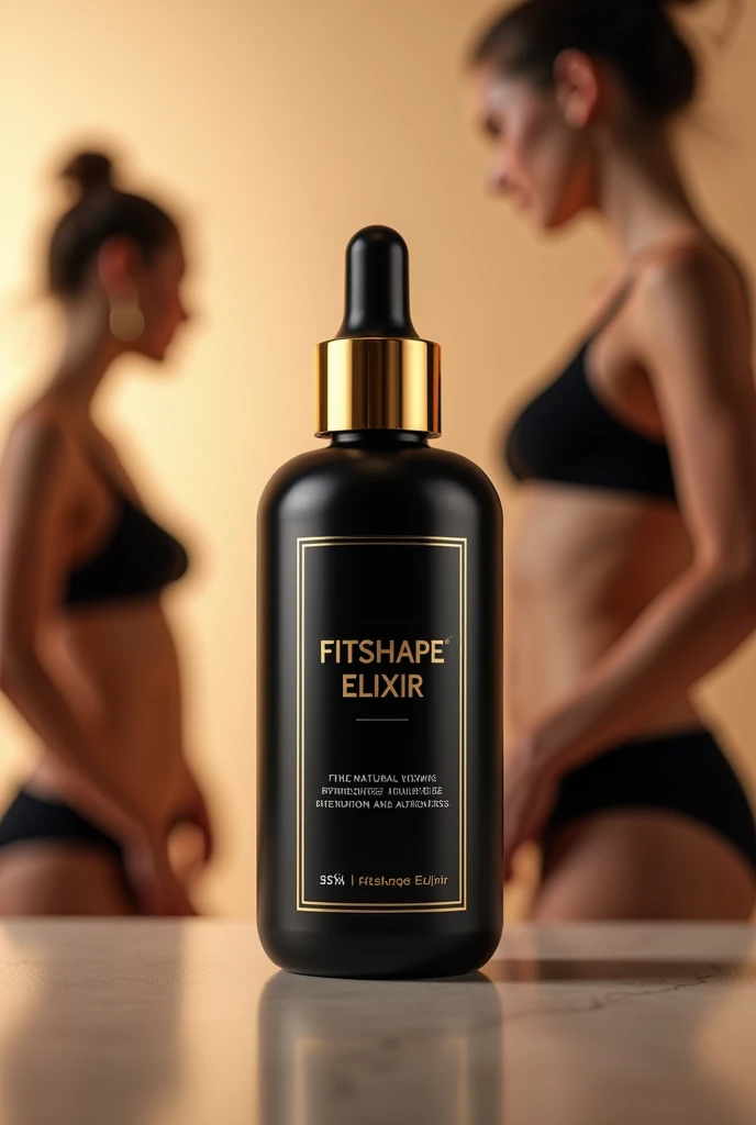 "Please, create an image of a bottle of premium liquid supplement called 'FitShape Elixir'. The bottle is elegant, with modern and minimalist design, in shades of black and gold. The label features the product name in gold letters, with details that highlight its natural ingredients, like collagen, vitamins and antioxidants. Ao fundo, a slight silhouette of a person with a toned body and radiant skin, suggesting the benefits of the product. The image must convey luxury and efficiency.” I also need several photos with different angles