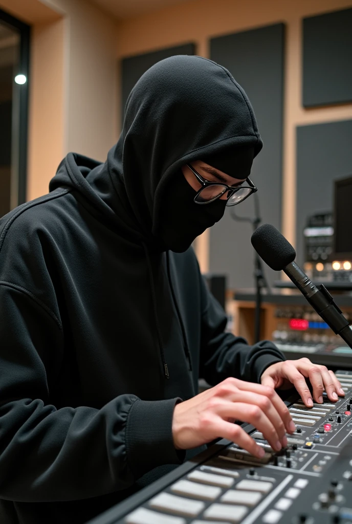 Alright, Now add a masked person with black glasses recording in the studio