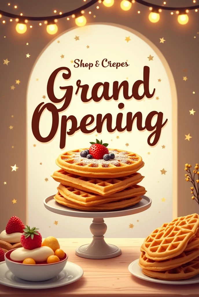 Create a flyer that says grand opening, for my waffle and crepe shop, Make sure it literally says inauguration.