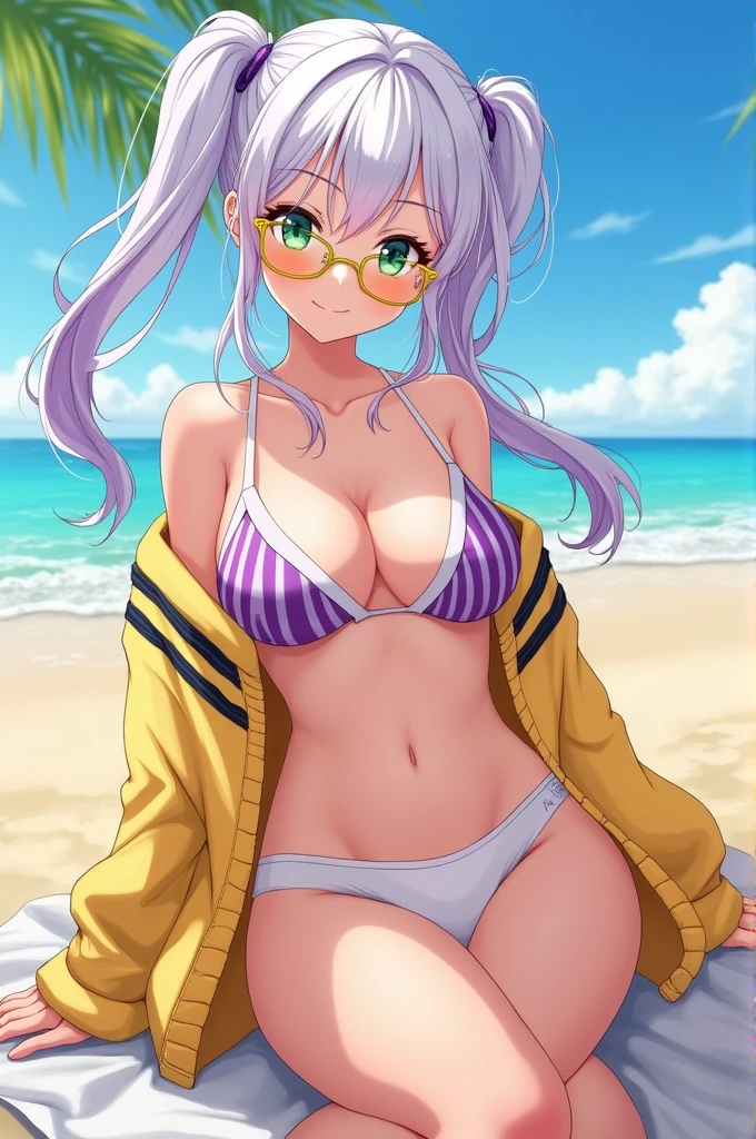 Draw an anime girl on the beach, white hair with purple streaks, with long, thin pigtails, green eyes, He must also wear yellow glasses., a white strappy bikini with purple stripes and a yellow sweatshirt with black lines on the sleeves.
besides, make her voluptuous