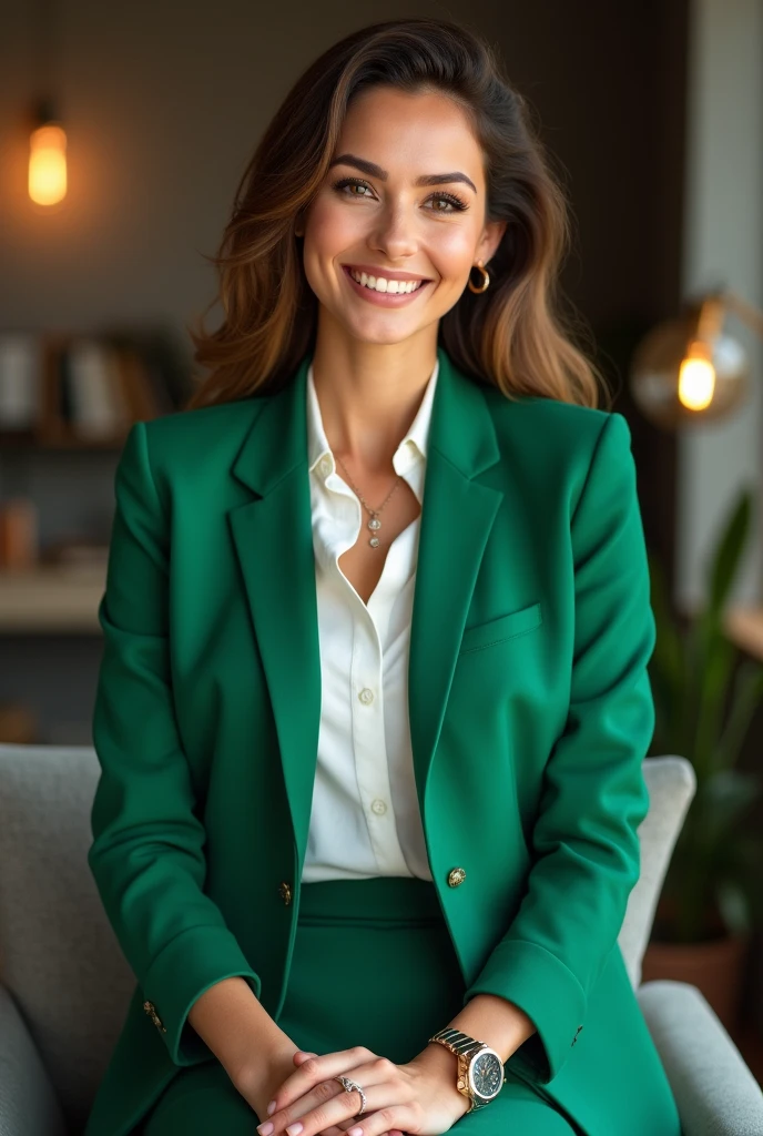 Brazilian woman in office, wearing green formal wear