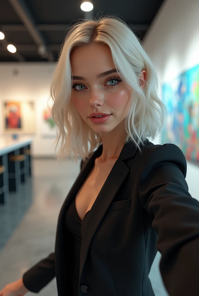 Create a photorealistic, 4K image of a female receptionist in a small modern art gallery. She is 18, platinum blonde and has intense blue eyes. She is dressed in a modern business suit that is slightly non-traditional with only a slip underneath the jacket. Her appearance looks a lot like a Nordic Emilia Clarke. She always has a wicked smile, like she has something naughty on her mind. The framing should be selfie style, looking 45 degrees from directly in camera.