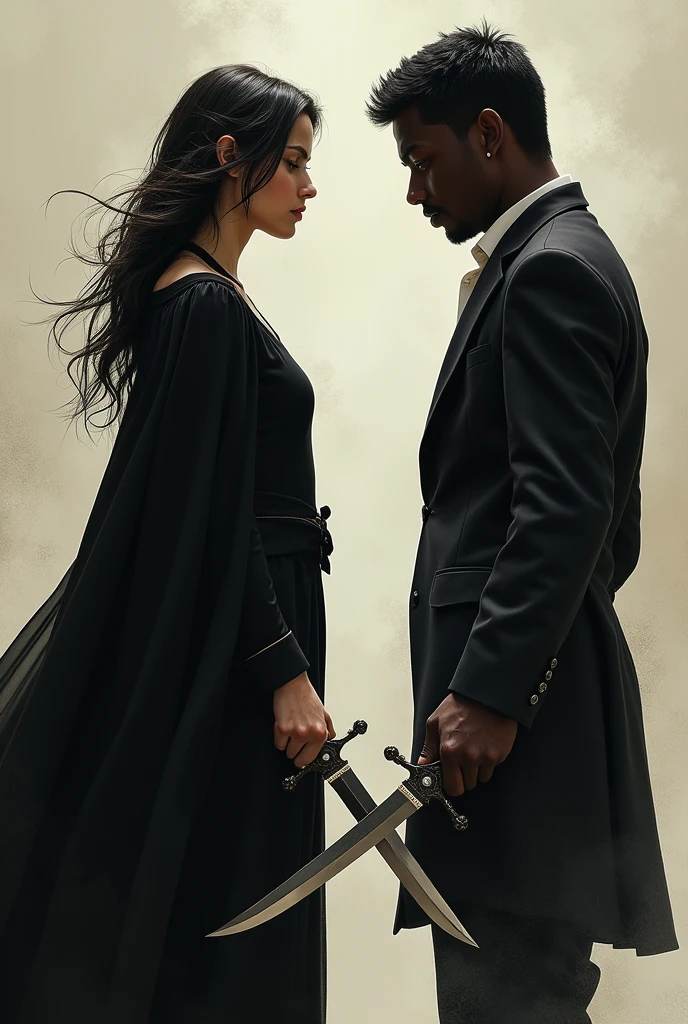 Woman dressed in black with daggers in both hands next to a black-skinned man with daggers in both hands, both with their backs turned and their hands outstretched showing the daggers. I want the perspective of the photo to be that they are with their backs to the viewer.

