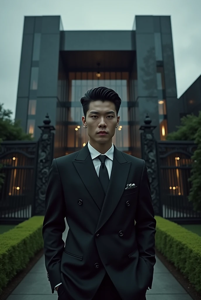 A black mansion, modern and luxurious, with a mafia-like Jungkook from BtS