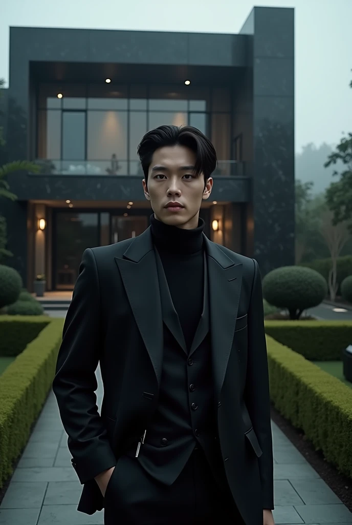 A black mansion, modern and luxurious, with a mafia-like Jungkook from BtS