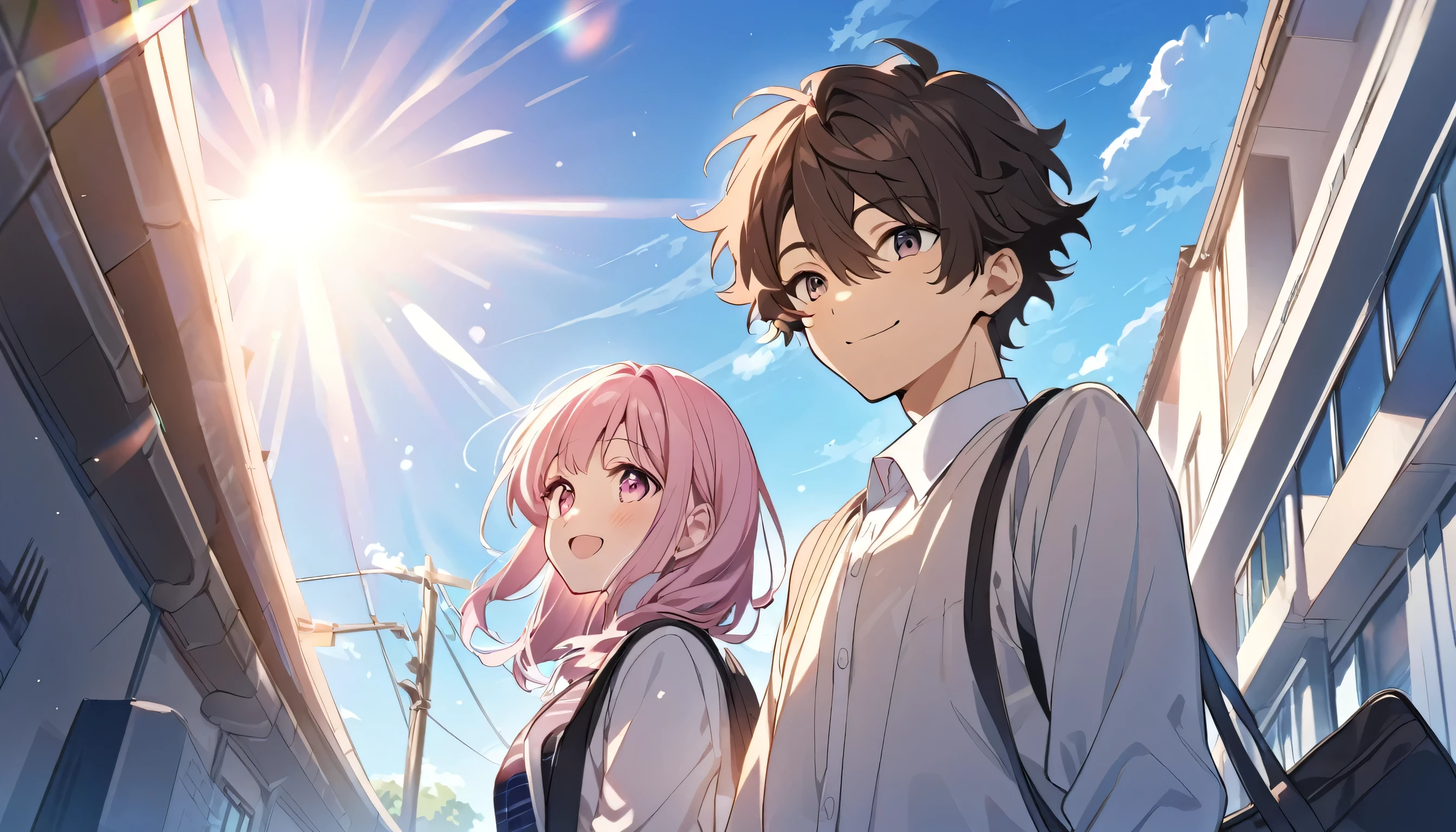 high school student,1 male,1 female,Medium Hair, Dark brown hair, Pink highlights on the tip, Pale pink eyes,Smile Facial,Blue Sky Morning,Light of the sun,seihuku,Going to school