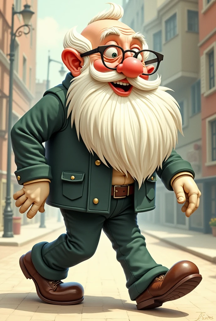 man old, head a little big, short wavy white hair and bald, wearing glasses, walking, 30&#39;s style, long rubbery arms, white gloves rounded fingers, big shoe, smiling, round cheeks, long beard, drawn with black outline.

