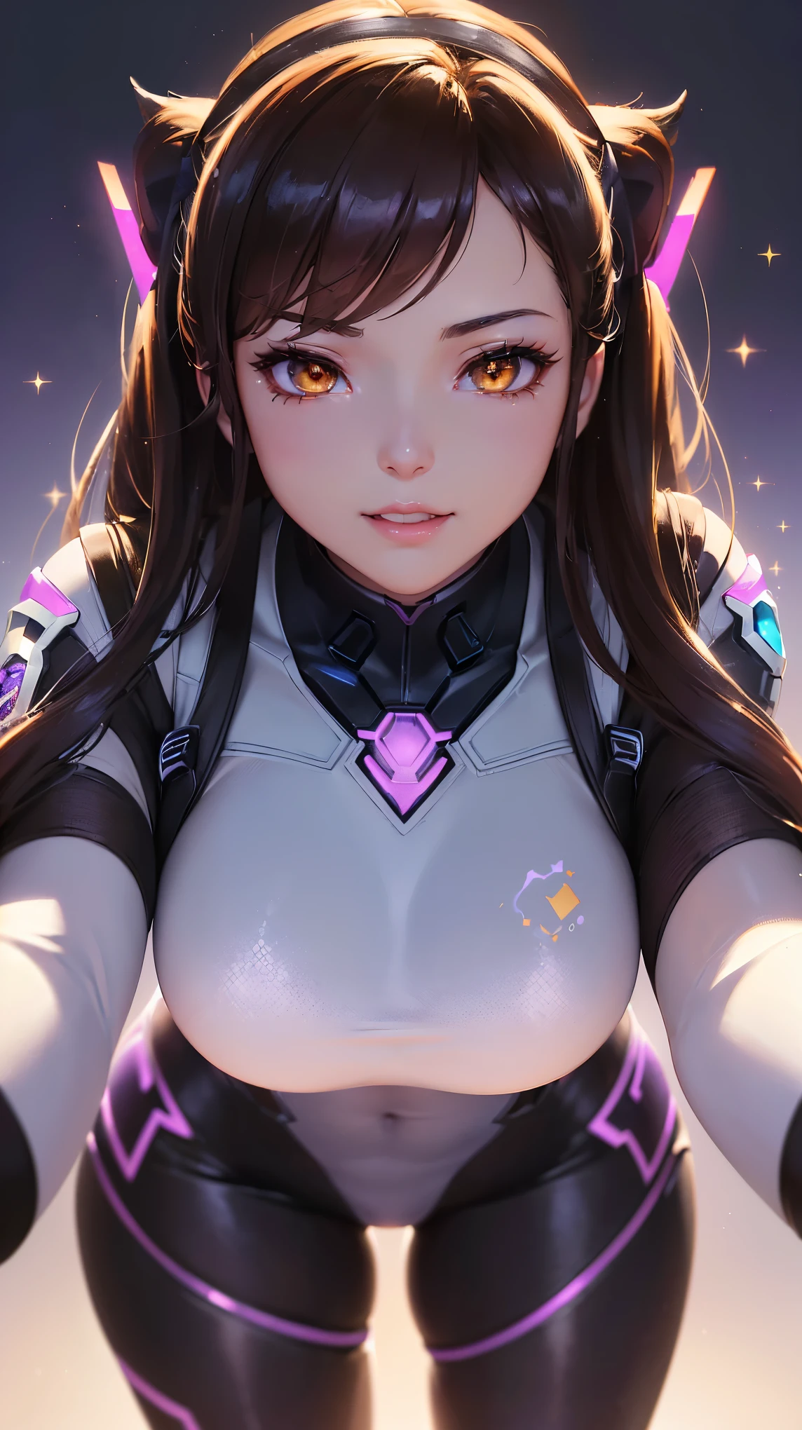 (masterpiece), (best quality), (intricate details), high resolution, visually stunning, sidelighting, (((amber eye colour which glow)), deep shadow, nothing but white background, (Dva from overwatch), (wearing a jumpsuit which is predominantly light blue, with a bit of black and purple on the sides), brown hair, heart-shaped pupils, , seductive smile, cinematic lighting, sparkle, ray tracing, backlighting, ((super shiny face)), thick thighs with skinny body, (winking at pov),