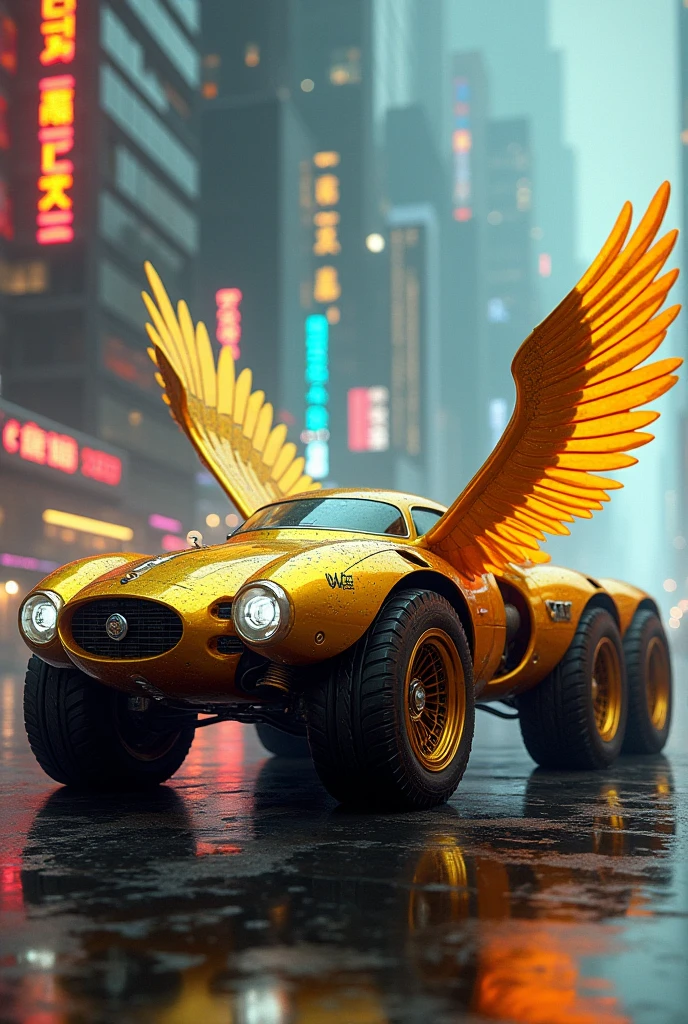 Golden car with 6 wheels and wings