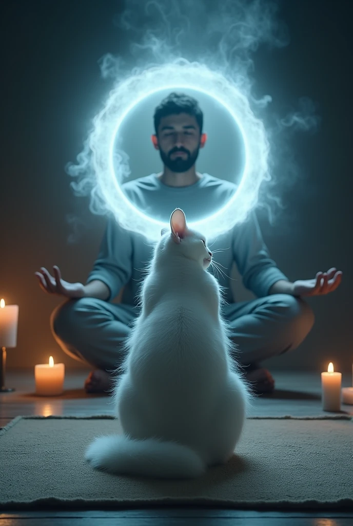 White cat on the floor on a rug surrounded by a lush mystical glowing circle around its head, in front of a man in meditation position room with candles incense side view