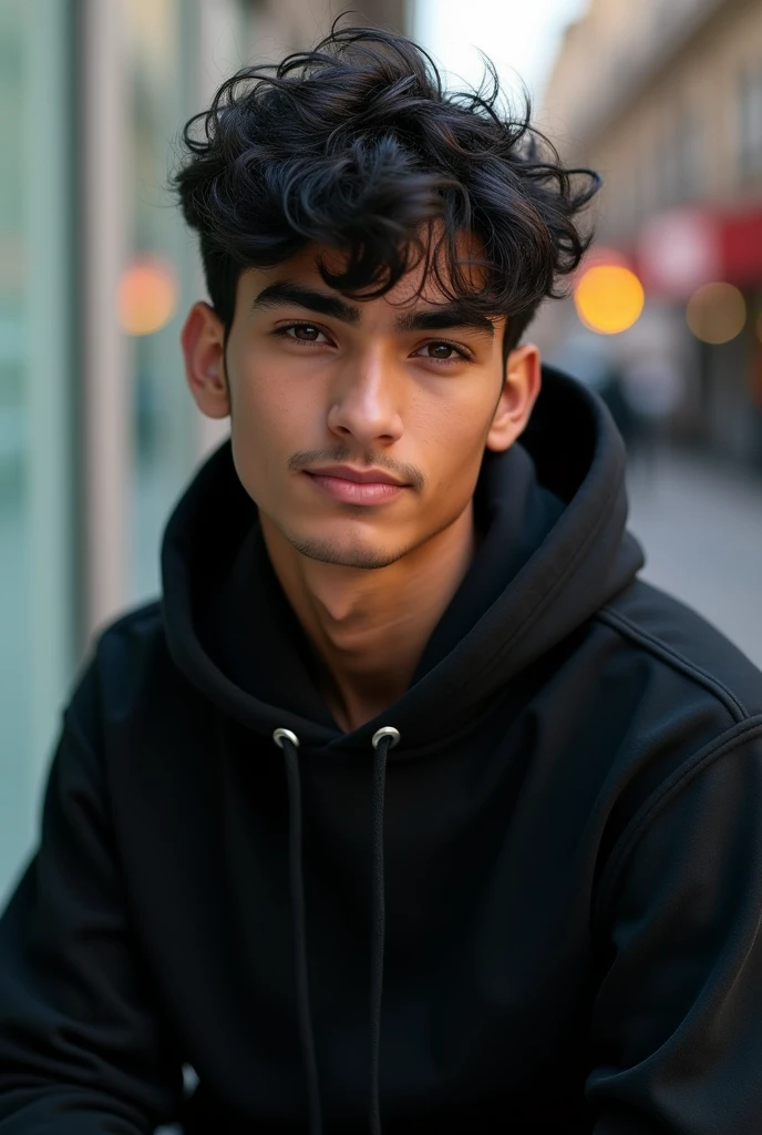 A Indian Young 20 year boy with black hudi and looking hair styles 