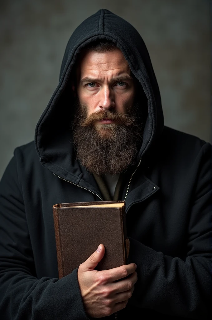 A strong bearded hooded man with a dark viking style holding a bible. Front photo 