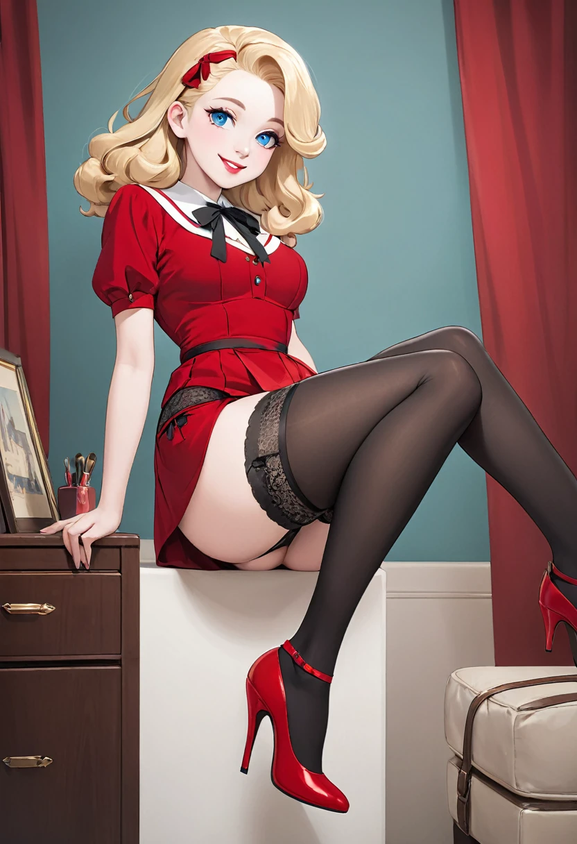 masterpiece, 1940s hairstyle, stunning blonde woman with pale skin, blue eyes, smile, wearing a red dress, black stockings with garter belt, red stilettos, showing her thick legs and big ass. She is stand