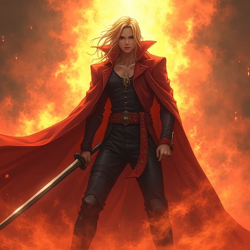 Anime character Phantom Shadow，Domineering action，Draw sword，Blonde hair and eyes，Flame Mist
