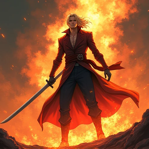 Anime character Phantom Shadow，Domineering action，Draw sword，Blonde hair and eyes，Flame Mist
