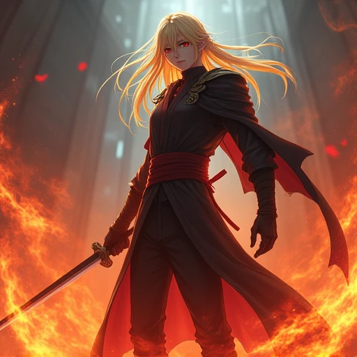 Anime character Phantom Shadow，Domineering action，Draw sword，Blonde hair and eyes，Flame Mist
