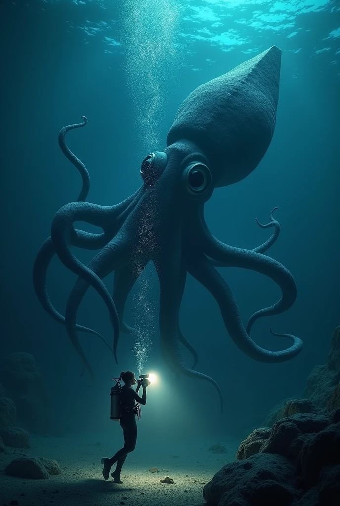 A girl diving with all her equipment takes a picture of a big squid with her underwater camera that has two lamps on each side to illuminate the night scene