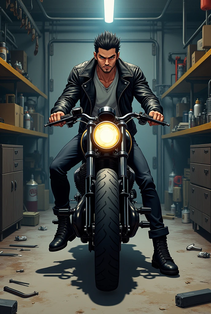 Anime man with black boober motorcycle in workshop
