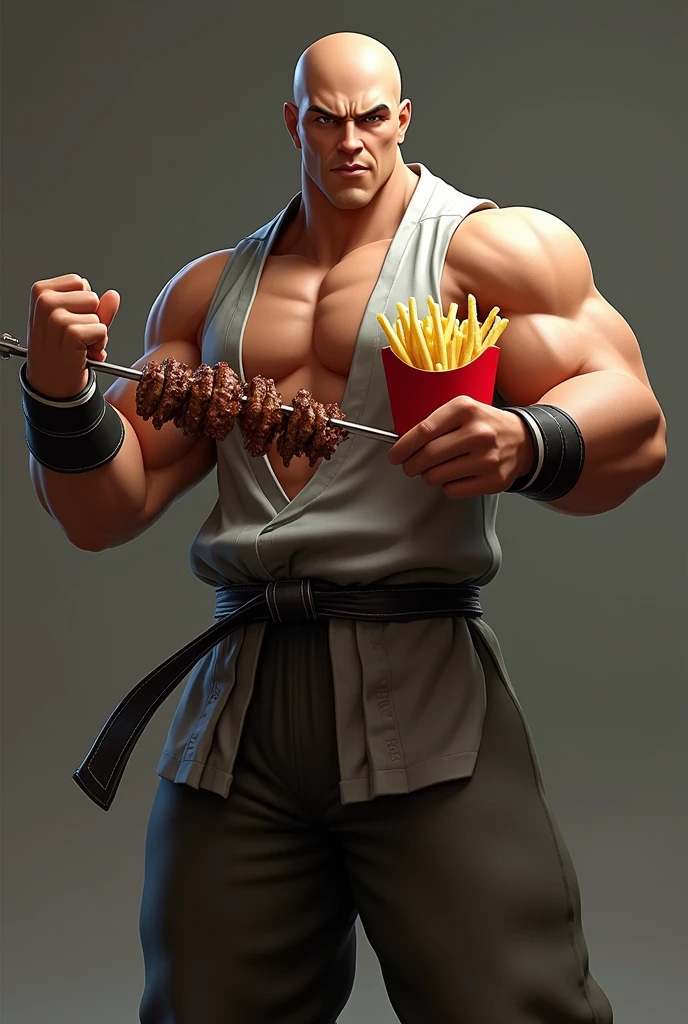 Create the character Chang from the game KoF holding a skewer in one hand and French fries in the other hand 