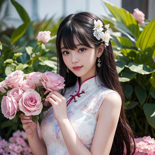 best quality, Delicate face,beautiful visual work, lifelike, eternity, black hair, Long curly hair, blunt bangs, Smile, 在flower园里, flower, Detailed Background, Delicate face,pink blush,cold,((masterpiece))、(top quality)、8k、high detail、Super detailed,2 female,Wearing Chinese cheongsam、Seductive and whimsical style、masterpiece、born、Scenes resembling fairy tale illustrations、intricate details和複雜的設計、Beautifully、magic、capricious、 Beautifully、Dream aesthetics、「𝓡𝓸𝓶𝓪𝓷𝓽𝓲𝓬、ethereal、charming、fickle、magic」、realism、Visual effects、FXAA、SSAO、Shader、voiceless、ambient lighting、Tone mapping、High resolution、Ultra high quality、Million pixels、(8K resolution:1.10)、8k、8k以下、8K resolution、high detail、intricate details, (high quality:1.2、masterpiece:1.2、:1.21)、(2 Female:1.21)、(興奮地Smile)、(Surrounded by a dreamy atmosphere、Model diagram,full-body shot,Normal 2 feet,Don't show your fingers,
