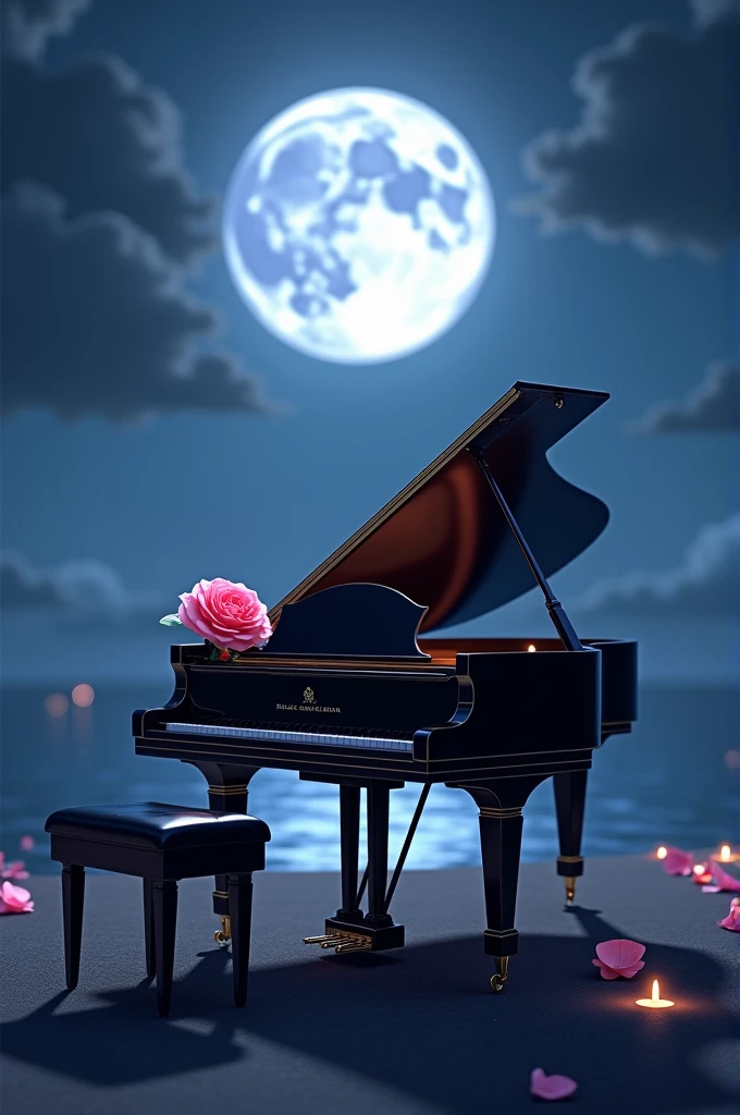 A piano with a rose on top in a place with a view of the full moon