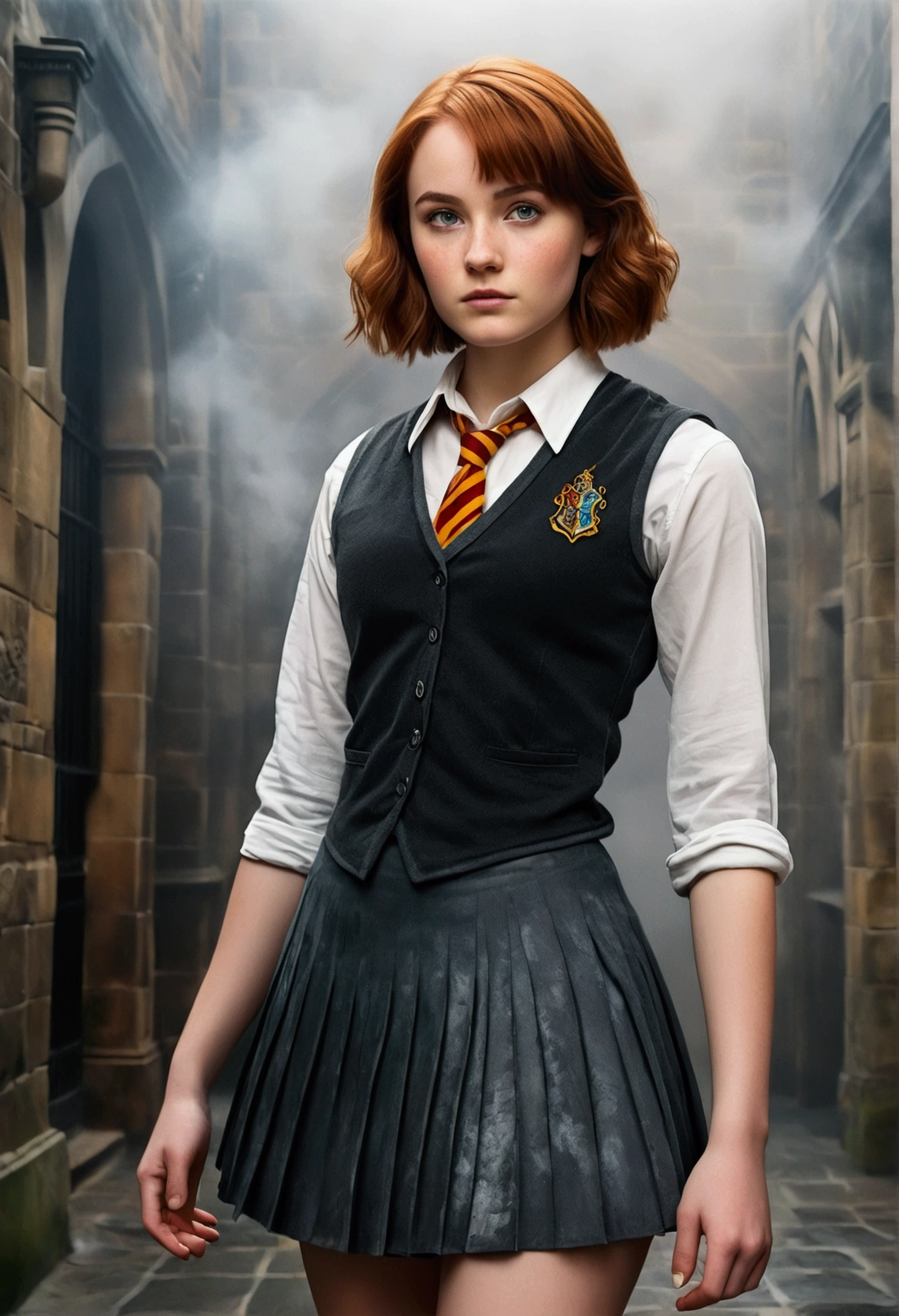An illustrated movie poster, hand-drawn, full color, a age Hogwarts student, 18-years-old, female, wearing a charcoal vest and a pleated skirt, athletic hourglass figure, full wide hips, massive round butt, long shapely legs, ridiculously thick powerful thighs, vibrant eyes, deep dark auburn hair, messy pixie cut, flushed sun-kissed complexion, freckles, resembles Genevieve O'Reilly, standing in a foggy Hogwarts courtyard, surrounded by mist, graphite shading, stencil marks, airbrushed acrylic paint, masterpiece, close-up shot, in the style of the Deathly Hallows 