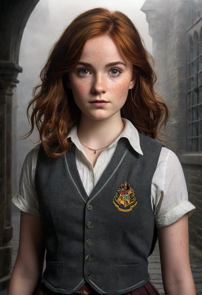 An illustrated movie poster, hand-drawn, full color, a teenage Hogwarts student, 18-years-old, female, wearing a charcoal vest and a pleated skirt, athletic hourglass figure, full wide hips, massive round butt, long shapely legs, ridiculously thick powerful thighs, vibrant eyes, deep dark auburn hair, messy pixie cut, flushed sun-kissed complexion, freckles, resembles Genevieve O'Reilly, standing in a foggy Hogwarts courtyard, surrounded by mist, graphite shading, stencil marks, airbrushed acrylic paint, masterpiece, close-up shot, in the style of the Deathly Hallows