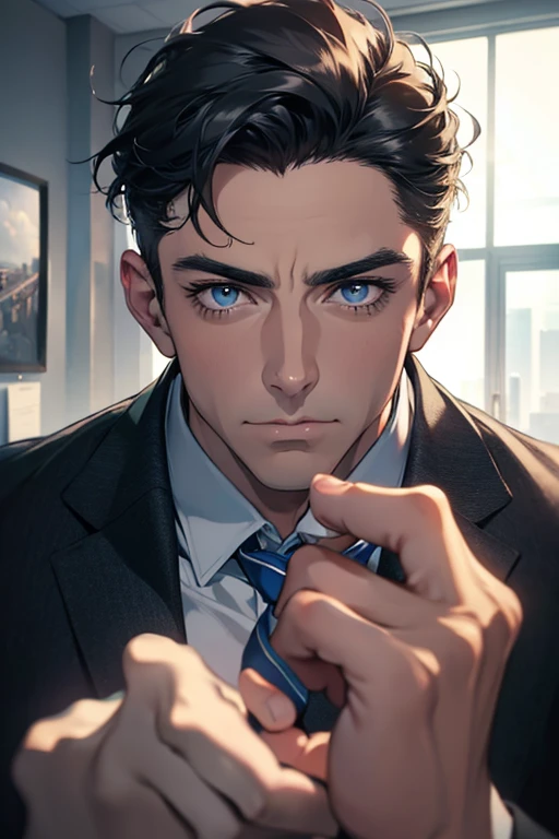 (Best Quality,4k,8k,high resolution,Masterpiece:1.2),ultra detailed,(realist,photorealist,photo-realist:1.37),1 man,31 years,mature man,very handsome,without expresion,muscled body,short gray black hair,Blue eyes,glare,perfect face without mistakes,imposing posture,businessman,office background,cinematic lighting,imagen HDR