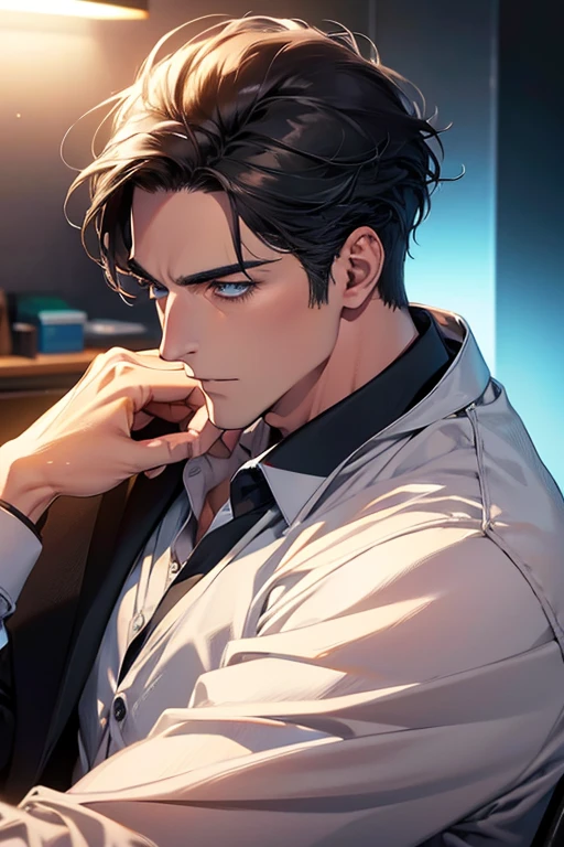 (Best Quality,4k,8k,high resolution,Masterpiece:1.2),ultra detailed,(realist,photorealist,photo-realist:1.37),1 man,31 years,mature man,very handsome,without expresion,muscled body,short gray black hair,Blue eyes,glare,perfect face without mistakes,imposing posture,businessman,office background,cinematic lighting,imagen HDR