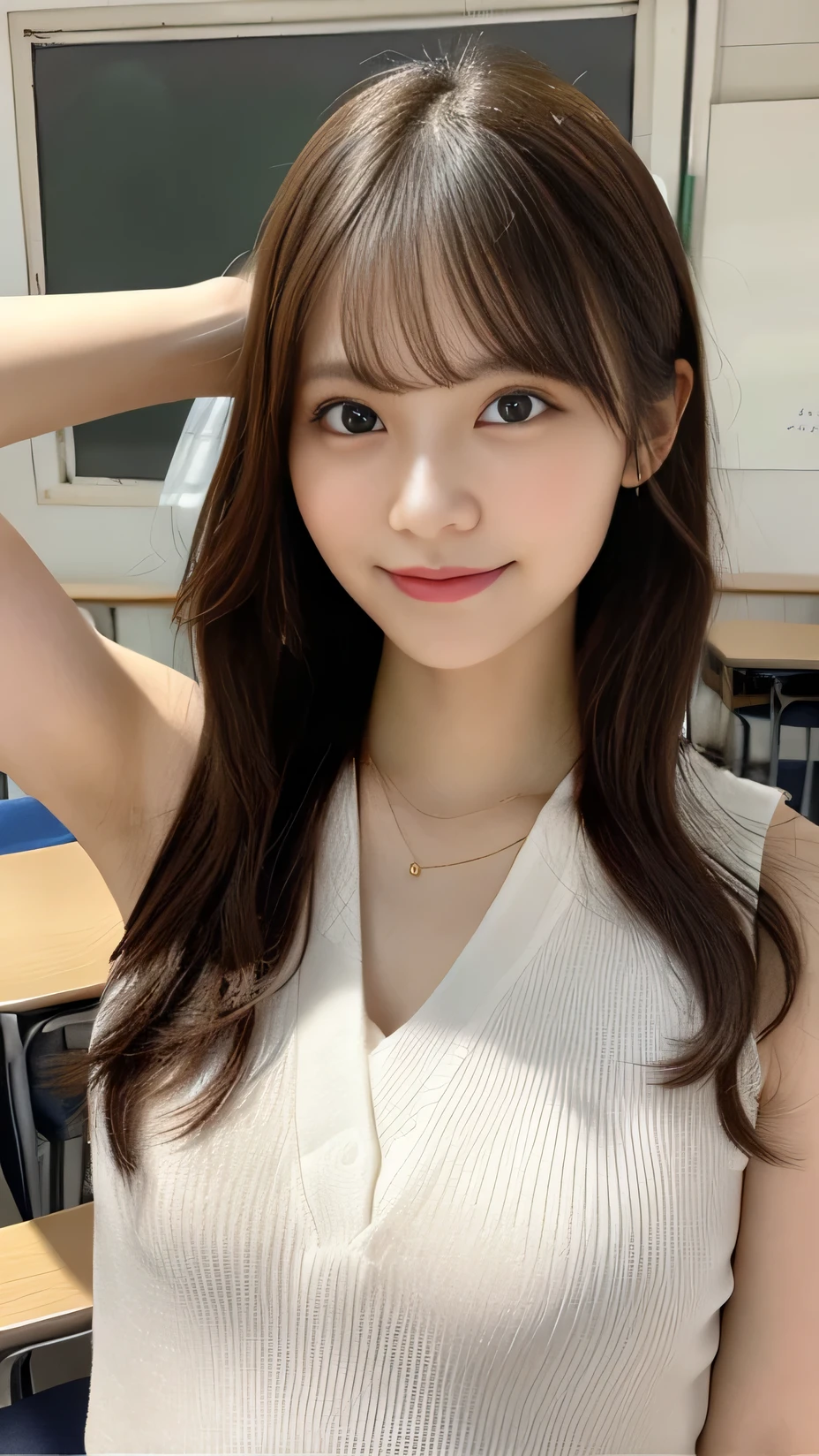 Tabletop、Highest quality, Very detailed、High resolution, 8k wallpaper, Flawless、Arms raised up、((Gather your hair back with your hands))、Both sides、Small breasts、24-years-old、female teacher、student teacher、Long Hair、A teacher-like demeanor、Attitude of listening、Sleeveless shirt、Big Eyes、Golden Ratio、Innocent expression、smile、Simple Necklace、staff room、School、