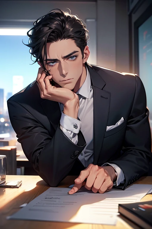 (Best Quality,4k,8k,high resolution,Masterpiece:1.2),ultra detailed,(realist,photorealist,photo-realist:1.37),1 man,31 years,mature man,very handsome,without expresion,muscled body,short gray black hair,Blue eyes,glare,perfect face without mistakes,imposing posture,businessman,office background,cinematic lighting,imagen HDR
