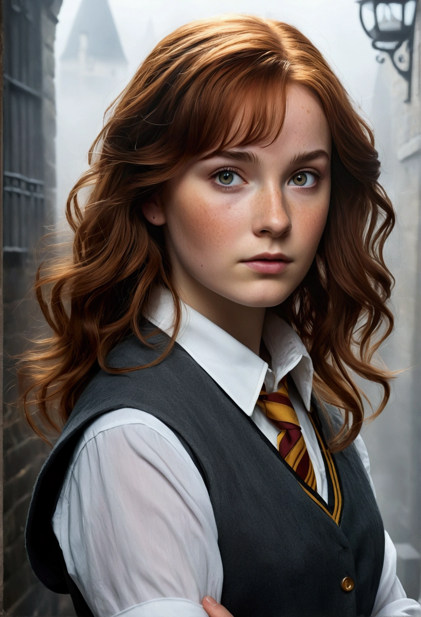 An illustrated movie poster, hand-drawn, full color, a age Hogwarts student, 18-years-old, female, wearing a charcoal vest and a pleated skirt, athletic hourglass figure, full wide hips, massive round butt, long shapely legs, ridiculously thick powerful thighs, vibrant eyes, deep dark auburn hair, messy pixie cut, flushed sun-kissed complexion, freckles, resembles Genevieve O'Reilly, standing in a foggy Hogwarts courtyard, surrounded by mist, graphite shading, stencil marks, airbrushed acrylic paint, masterpiece, close-up shot, in the style of the Deathly Hallows