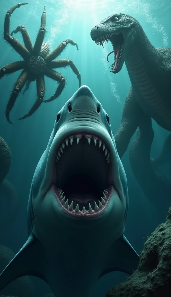 In the deep waters of the sea there is a great white shark coming to get me with its mouth open and its teeth showing., below a huge, hairy spider and next to the spider a giant, murderous snake, all three staring at me.