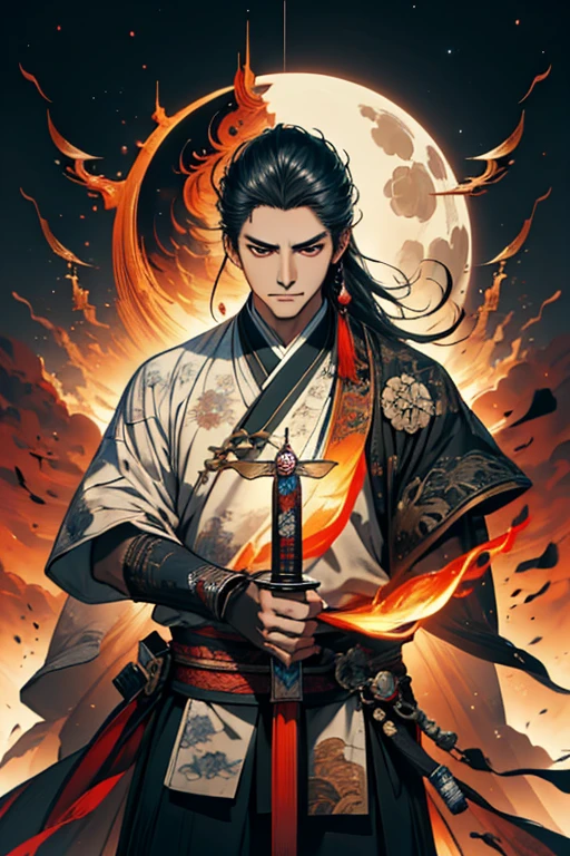 A guy with sword and wolf in front of full moon, samurai, concept art by Yang J, fantasy art, alena aenami and artgerm, artgerm and atey ghailan, by ruan jia and stanley artgerm, artgerm and ruan jia, ross tran 8 k, ross tran and wlop, Cosmology, detail, autofocus