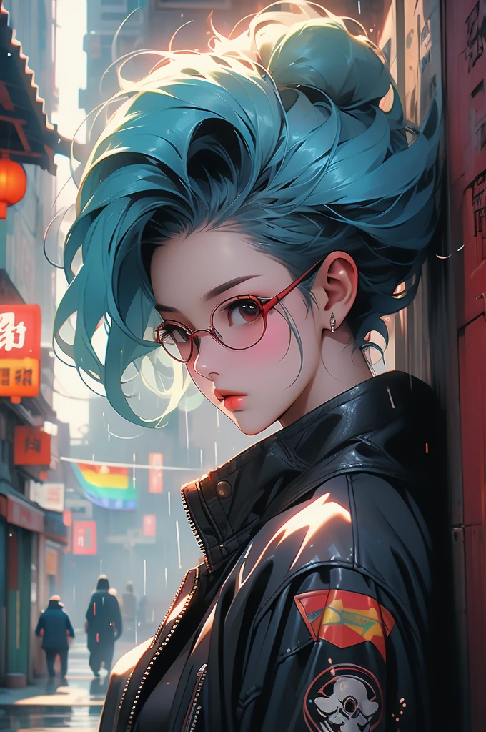 1girl, Chinese, punk,cyberpunk, rain city, china town, leather jacket, rainbow color hair, leaning against a wall