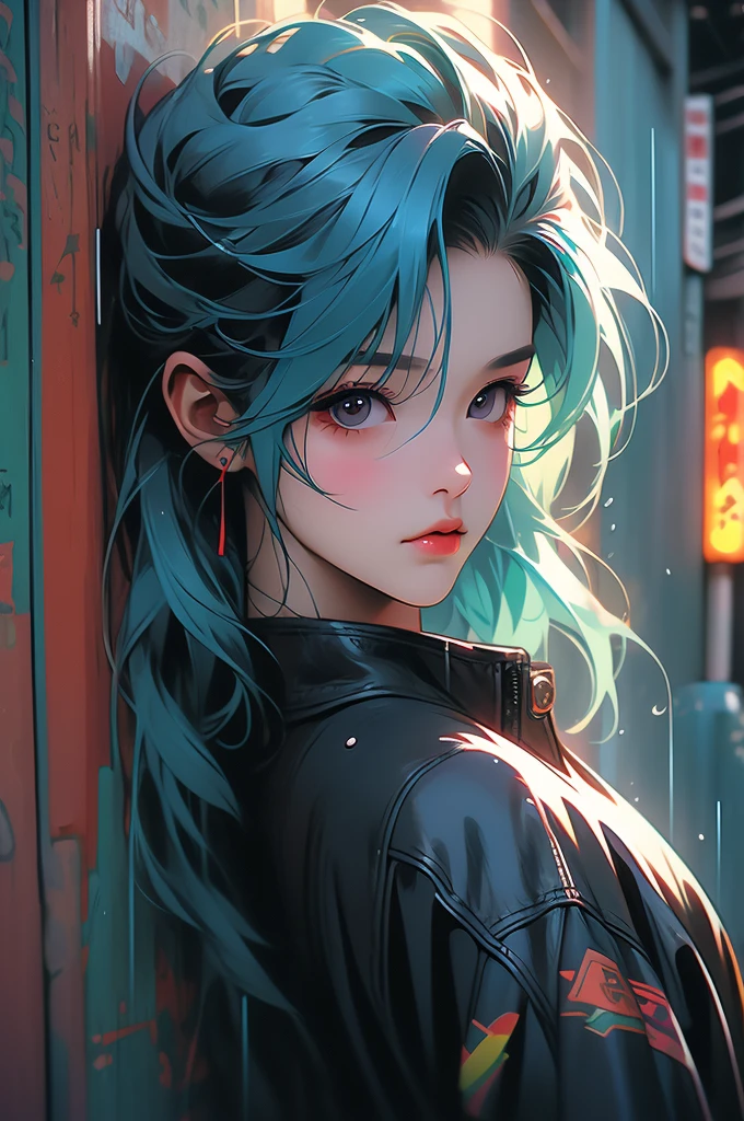 1girl, Chinese, punk,cyberpunk, rain city, china town, leather jacket, rainbow color hair, leaning against a wall