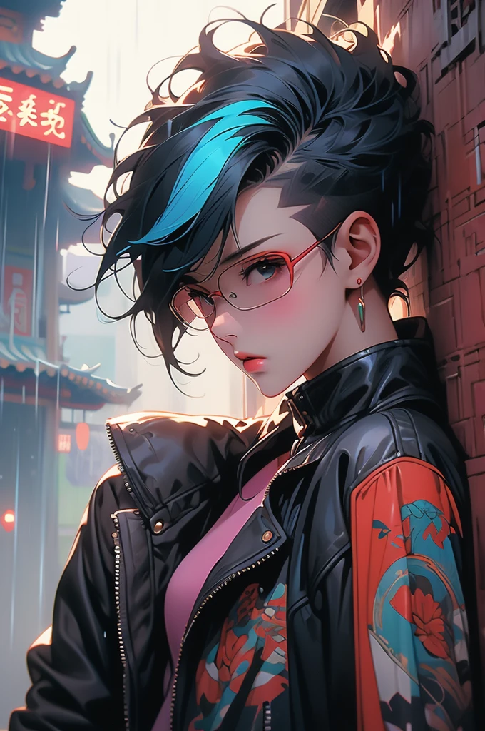1girl, Chinese, punk,cyberpunk, rain city, china town, leather jacket, rainbow color hair, leaning against a wall