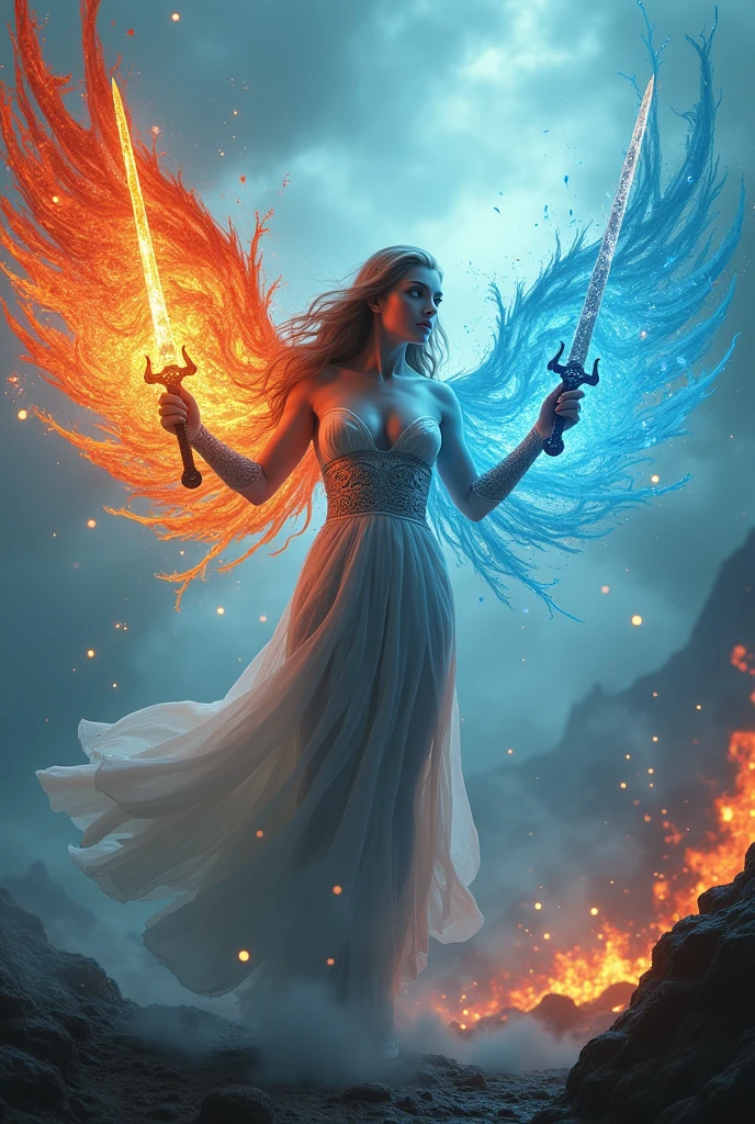 (Close up),((Best quality, 8k, 32k, masterpiece,RAW photo, (realistic, photo-realistic:1.3),best quality,highly detailed,masterpiece,ultra-detailed)) , ((powerful sorceress, casting magic), A captivating fairy of ice, lava, and tsunami: soaring upward on bio-mechanical wings, her piercing gaze commands respect, with a sword shining bright, reflecting elemental forces within swirling smoke, surrounded by enthralling sparks, amidst an otherworldly landscape.
