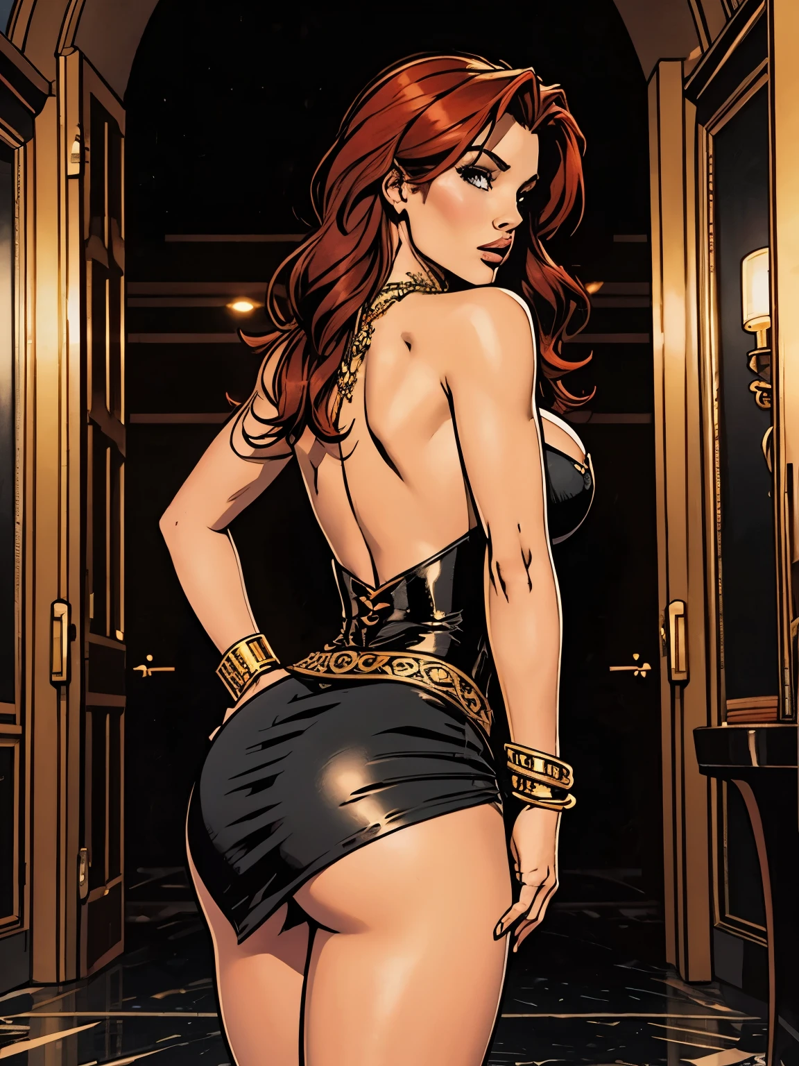 (back view),((ultra realistic illustration:1.3)), Tall, slender ((redhead:1.2)) woman of Irish descent. (pale:1.3)complexion. blue eyes, cute butt, nice legs. Kind eyes, cute ((smile)). red lipstick, choker, Sheer lace bodysuit, fancy heels, (aroused:1.1), Flirtatious. Elegant evening wear. Classy ((Jazz club)). Masterpiece, (highly detailed:1.2),(detailed face and eyes:1.2), 8k wallpaper, cinematic lighting. core shadows, high contrast, bokeh.