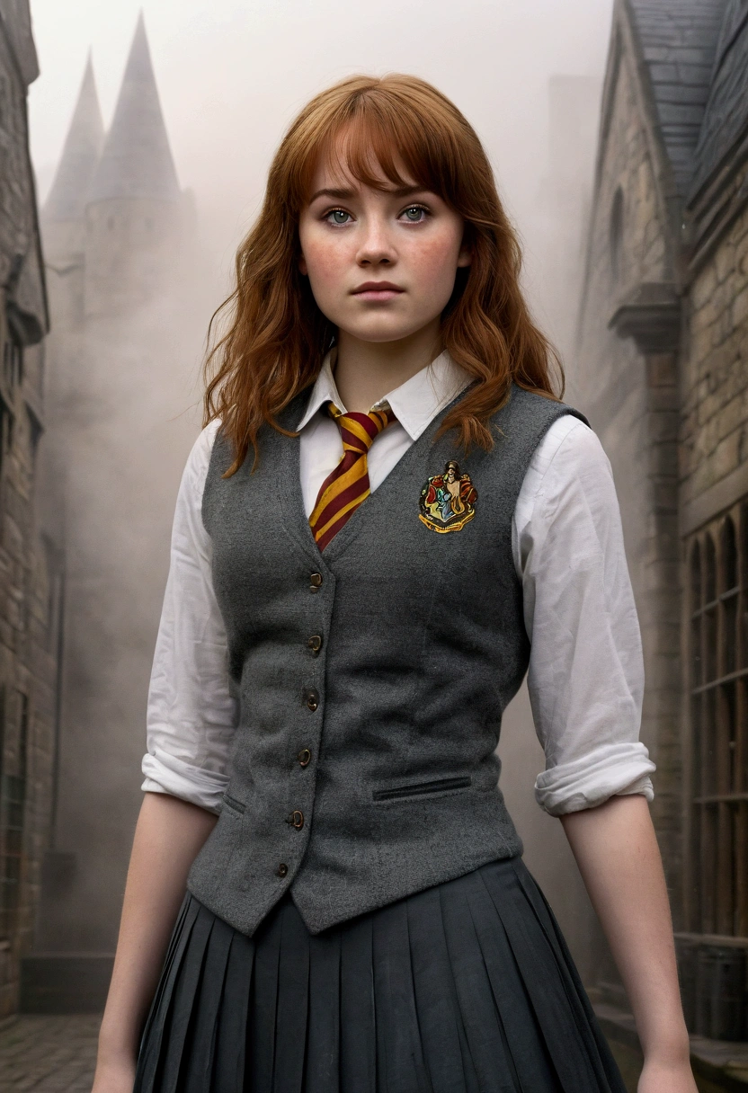 An illustrated movie poster, hand-drawn, full color, a teenage Hogwarts student, 18-years-old, female, wearing a charcoal vest and a pleated skirt, athletic hourglass figure, full wide hips, massive round butt, long shapely legs, ridiculously thick powerful thighs, vibrant eyes, deep dark auburn hair, thick shaggy bangs, flushed sun-kissed complexion, freckles, resembles Genevieve O'Reilly, standing in a foggy Hogwarts courtyard, surrounded by mist, graphite shading, stencil marks, airbrushed acrylic paint, masterpiece, close-up shot, in the style of the Deathly Hallows 